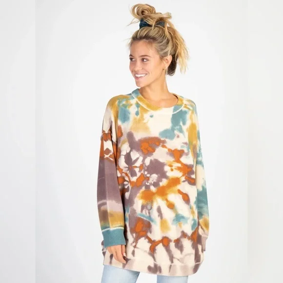 NATURAL LIFE Multicolor Tie-Dye Cowl Sweater - Cream, Teal, Rust, Brown - Picture 1 of 5